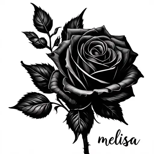 Black Rose With Name Melissa Written In Cursive At Bottom