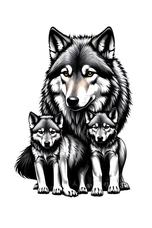 An Adult Lounge Wolf In Close -Up That Protects Its Wolf And Two Cubs