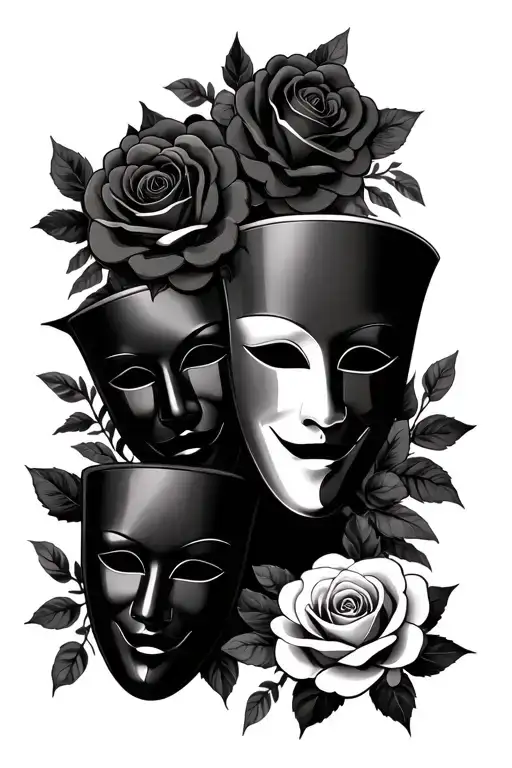 Theater Masks With Black Background And Roses And Leaves