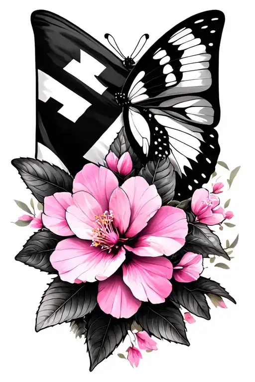 Pink Chery Blossom Flower With Butterfly And Dominican Flag Blended Into It