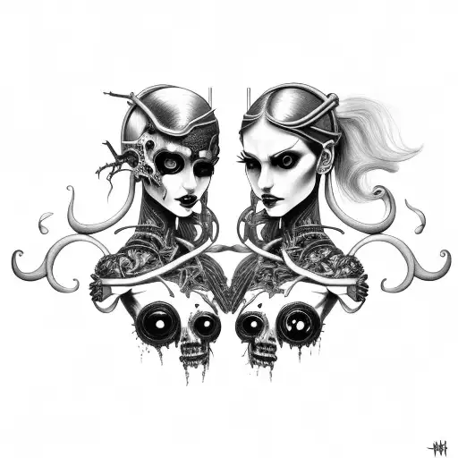 Goth Cyborg Gemini Sisters Conjoined Facing Each Other