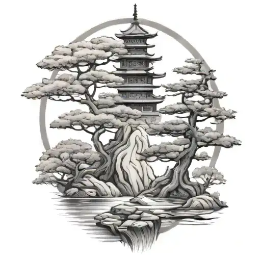 Pagoda And Bonsai Tree