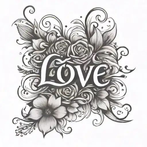 The Word 'Love' Written In A Stylized Font Surrounded By Delicate Flower Petals