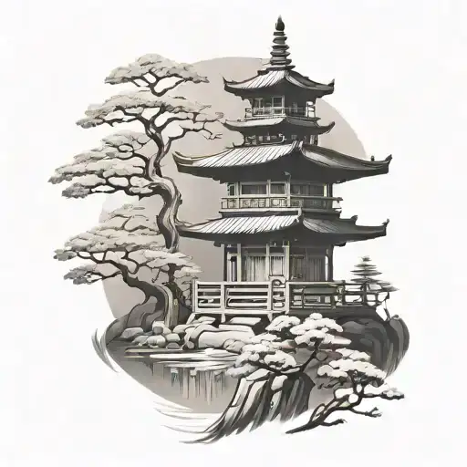 Pagoda And Bonsai Tree And Kaizen Brush Negative Space