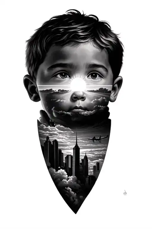 Skyline Plane Sun Rise Young Boy Looking At It