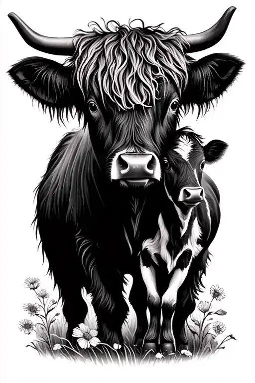 Highland Cow With Baby Cow Flowers