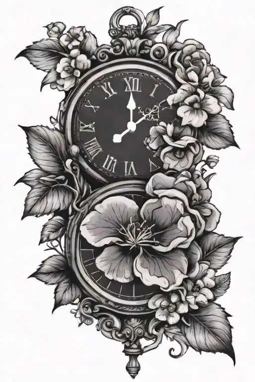Violet Flower And Primrose Flower With Heart Shaped Clock