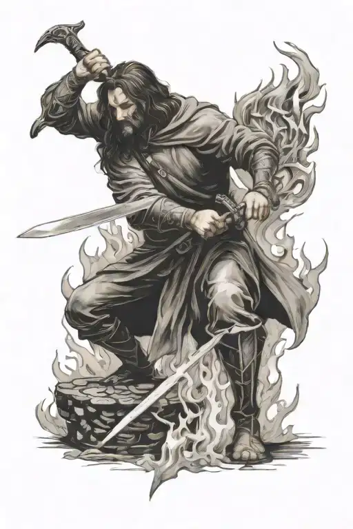 A Man From Lord Of The Rings Forging A Sword In Fire With A Hammer