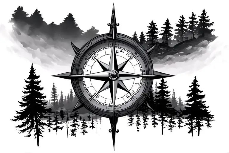 Compass And Nature Elements Like Trees