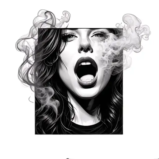 Girl With Smoke Coming From The Mouth Open And Black Background