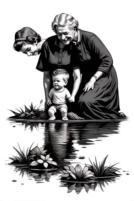 Little Boy With Grandma And Grandpa Around A Pond