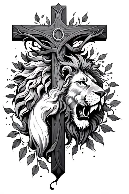 Cross With Lion Coming Out And Leaves