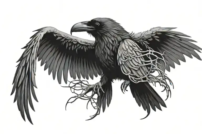 Raven With Wings Spread Out Including Thorns Intertwined