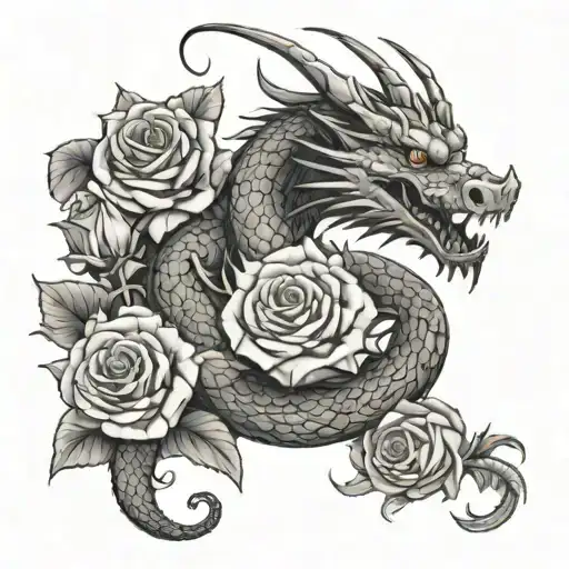Dragon With Roses In The Background Black And White