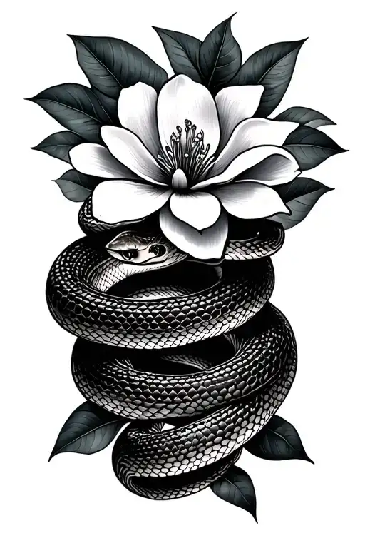 Magnolia Flower And Snake Wrapped