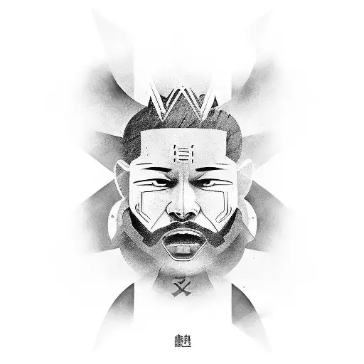 An Abstract Representation Of The Weeknd's Face Blended With Traditional Japanese Mask Motifs