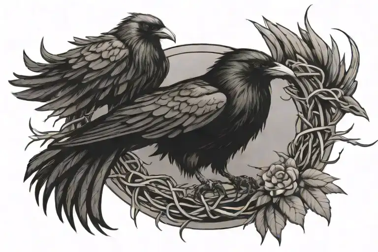 Raven With Wings Spread Out And A Crown Of Thorns