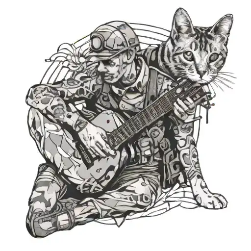 A Black And Grey Tattoo Of A Soldier Playing A Guitar With A Cat Sitting On Their Shoulder
