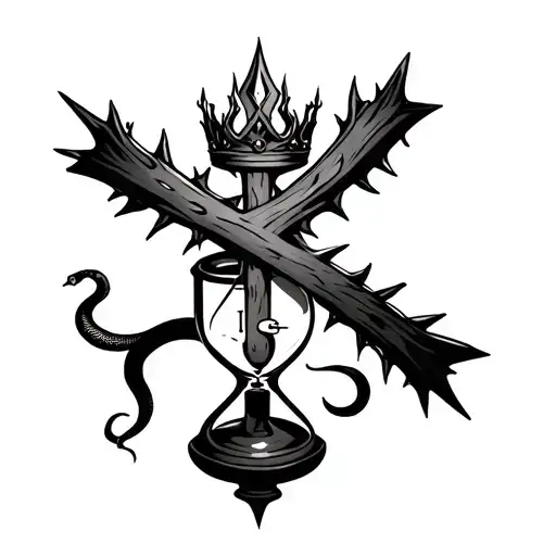 Cross With A Thorn Crown On It And A Snake Around An Hour Glass
