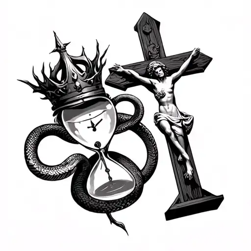 A Crucifix With A Thorn Crown On It And A Snake Around An Hour Glass