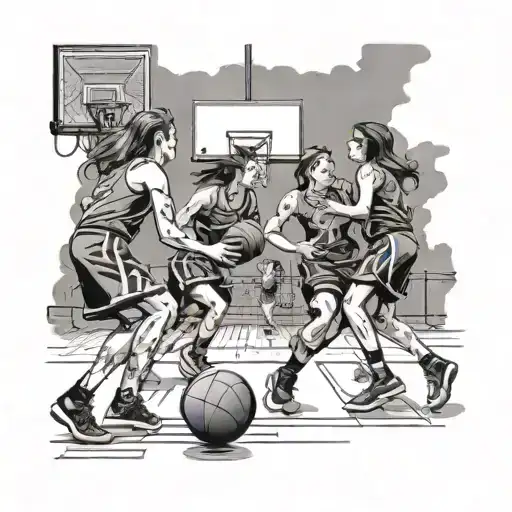 A Basketball Court Scene With The Client's Daughters As Players And A Wolf As The Referee