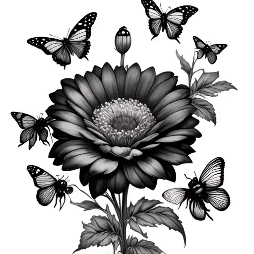 Flowers With Four Small Butterflies And A Small Bee