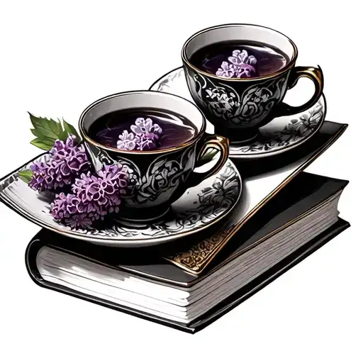 Two Tea Cups On Top Of One Book With Liliac Laying In Front