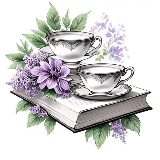 Two Tea Cups On Book Lilac Flower