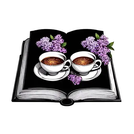 Two Tea Cups On Book And Lilac