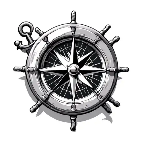 Captain's Wheel Of Compass In The Middle With Anchor