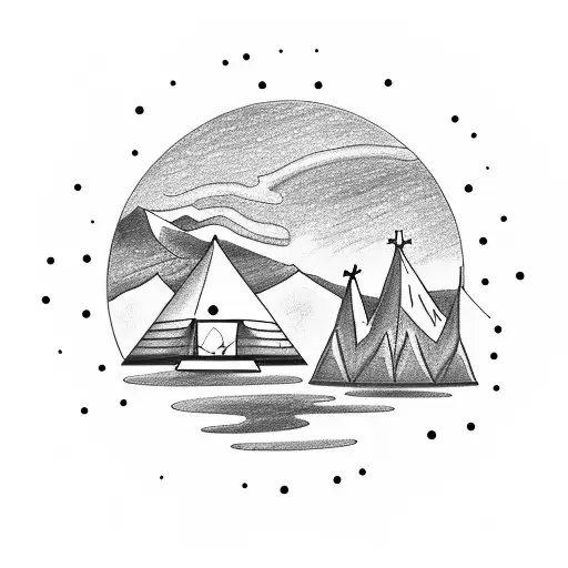 Drawing Of A Minimalist Camp With Campfire And Mountains Inside A Circle