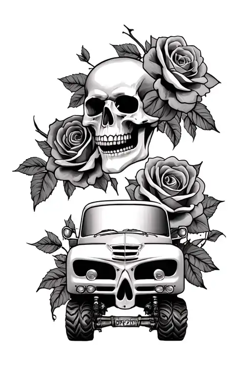 Skull With Roses And Truck