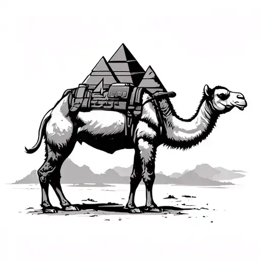 Black And White Camel With Pyramids For Eyes Wearing Army Gear From The Camel Corps Of Texas