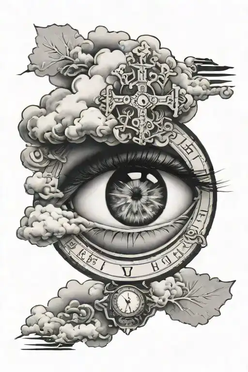 Negative Shaded Cross With Clouds And Eye With Date In The Middle Of The Eye