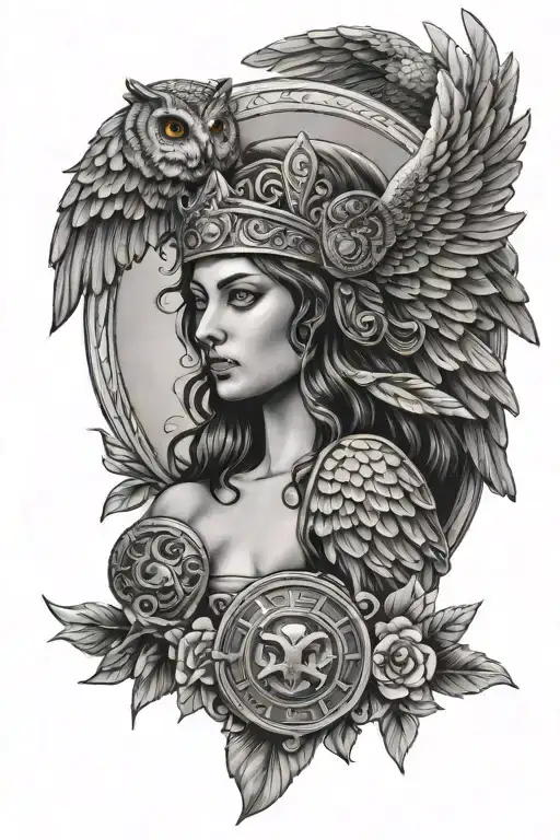 Athena With Owl And Medusa Shield Adorned