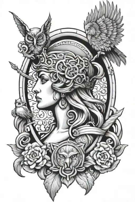Athena With Owl And Medusa Shield And Spear
