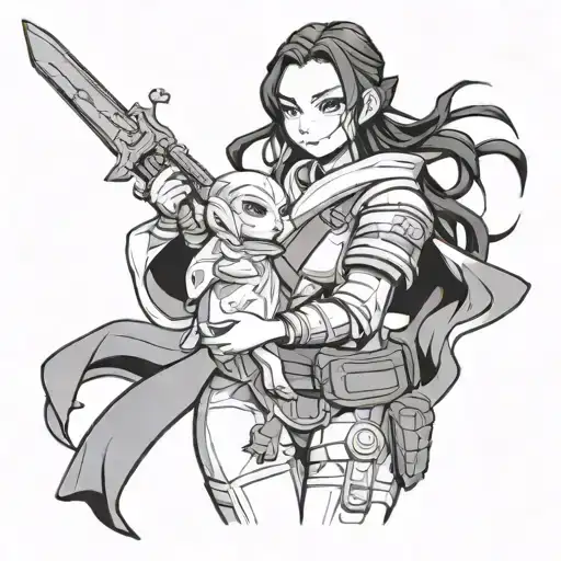Nezuko Kamado From Demon Slayer Holding Grogu From Mandalorian