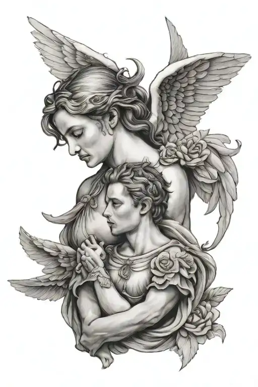 Female Guardian Angel On Man's Shoulder With Wing That Extends To Tricep