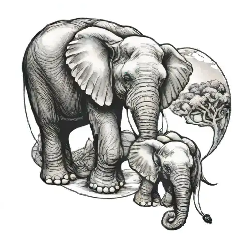 Two Baby Elephants Under The Moon