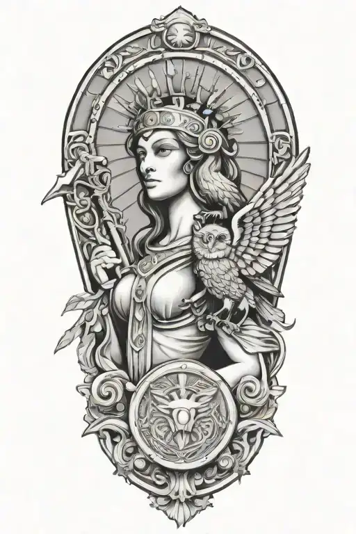 Athena With Owl Medusa Shield And Spear