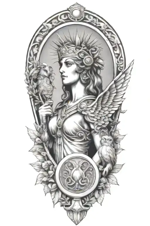 Athena With Owl Medusa Shield And Spear With Olive Tree