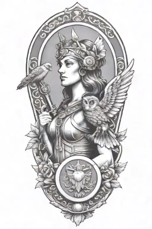 Athena With Owl Shield And Spear With Olive Branch