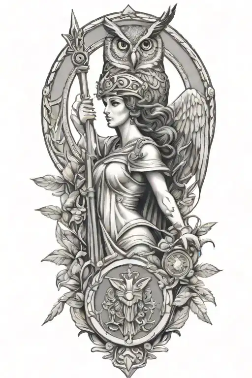 Athena With Owl Shield And Spear With Olive Branch
