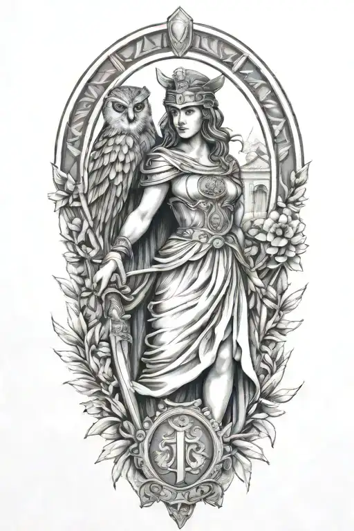 Athena With Owl Shield And Spear Olive Branch And Parthenon