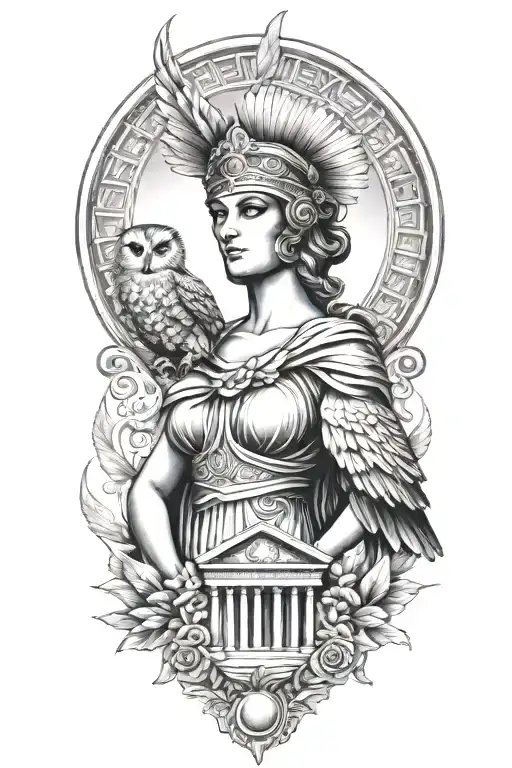 Athena Greek Goddess With Owl And Parthenon