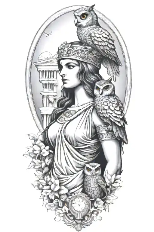 Athena Greek Goddess With Owl And Parthenon