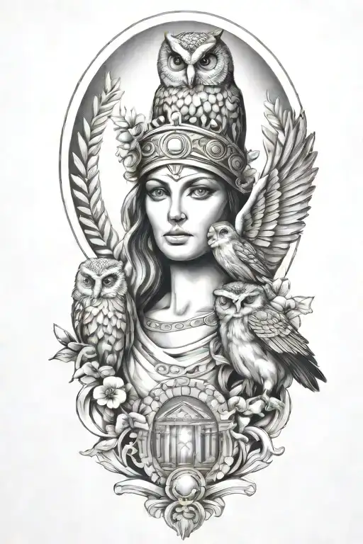 Athena Greek Goddess With Owl And Parthenon