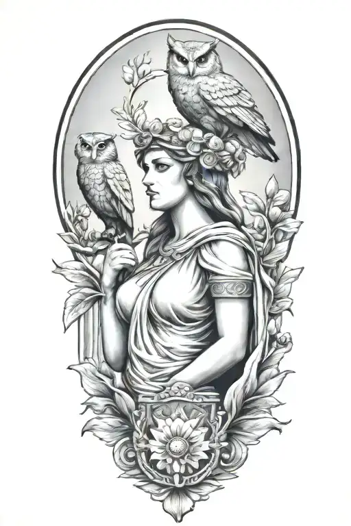 Athena Greek Goddess With Owl And Parthenon And Olive Branch
