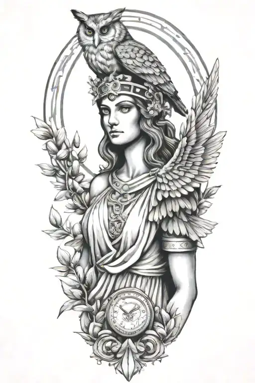Athena Greek Goddess With Owl And Parthenon And Olive Branch
