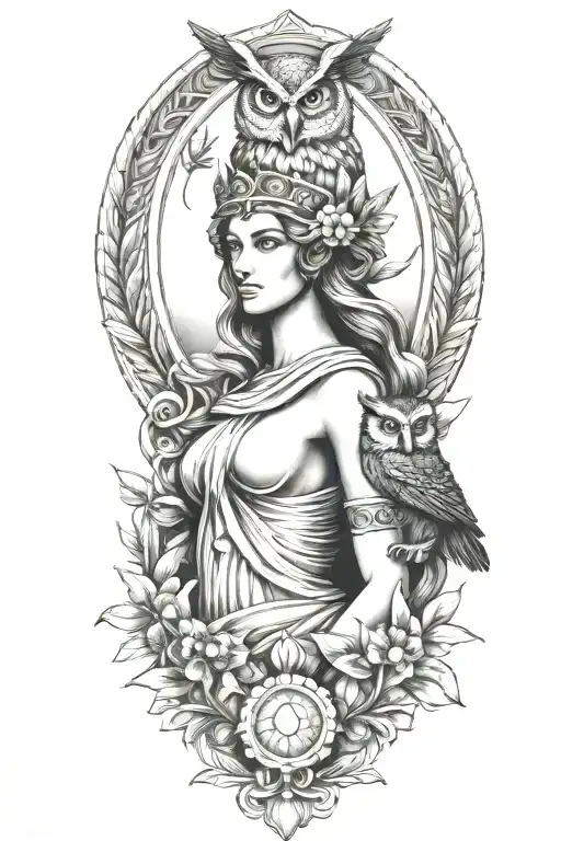 Athena Greek Goddess With Owl And Parthenon And Olive Branch